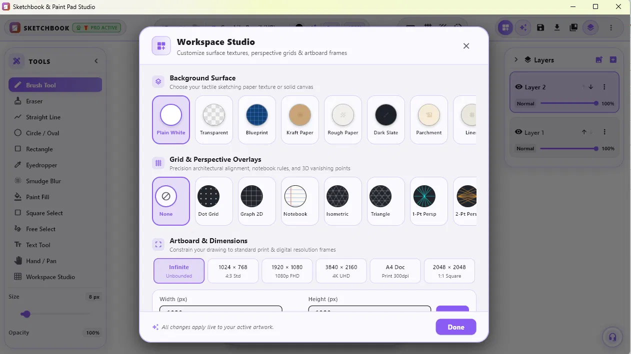 Workspace Studio showing paper textures and grid overlays
