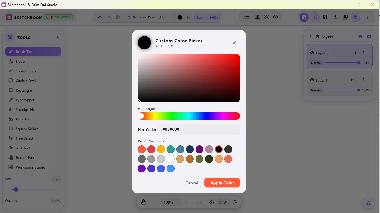 Custom Color Picker with hue spectrum and preset swatches