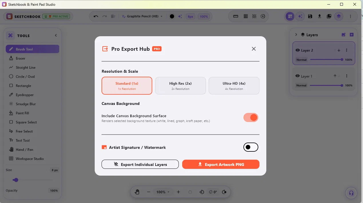 Pro Export Hub with resolution options and individual layer export
