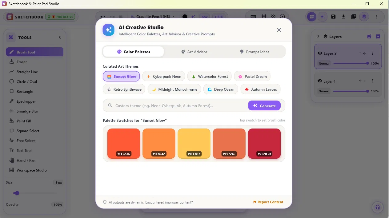 AI Creative Studio with color palettes, art advisor, and creative prompts